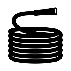 Black and white image showing a coiled hose with attached nozzle