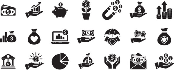 Finance And Investment Silhouette Icons Collection For Business And Financial Concepts