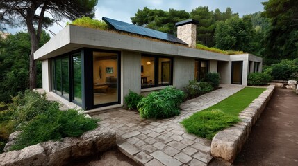 Fototapeta premium Modern eco-friendly house with large glass windows, solar panels, and rooftop garden, surrounded by lush greenery