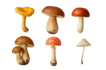Six edible and poisonous mushrooms isolated on transparent background