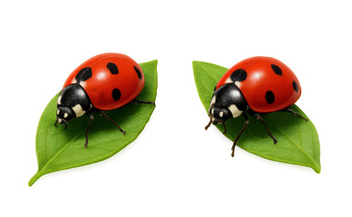 Fototapeta premium Two ladybugs walking on green leaves on transparent background