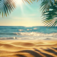 Abstract blur defocused background, nature of tropical summer beach with rays of sun light. Golden sand beach, sea water and palm leaves against sky. Copy space, summer vacation.