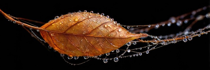 Dry Leaf in Spider Web Adorned With Morning Dew Glistening in Soft Light Generative AI