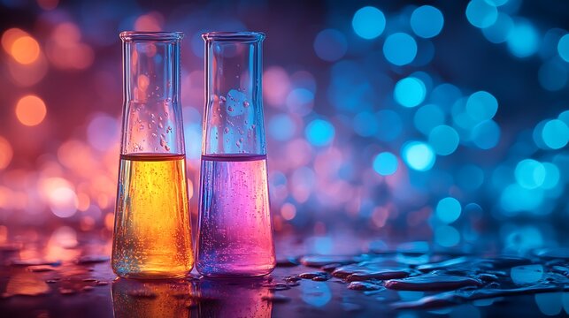Two colorful test tubes with liquid, vibrant glowing background. Experimental concept with science celebration energy. Celebrate Scientists Day visuals
