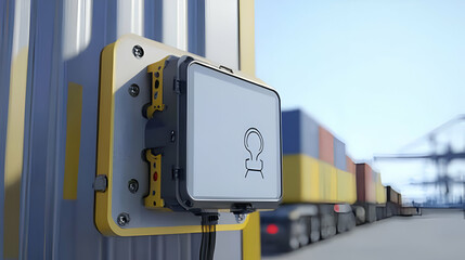 Square Technological Device Mounted on a Metal Post at a Shipping Port