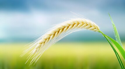 A macro shot of a single wheat stalk with dew drops on the grains, set against a blurred field background.