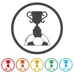 Soccer ball and trophy icon. Set icons in color circle buttons