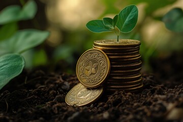 A small plant sprouts from a stack of gold coins nestled in dark soil, surrounded by lush green foliage