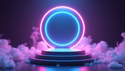 Neon circular display against a smoky background.