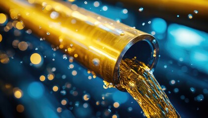 Golden liquid flowing from metallic pipe