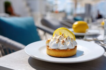 Lemon Tart With Meringue Served on a Terrace Table in Bright Sunlight Generative AI