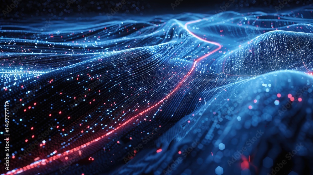 Poster abstract picture of neon light particle with digital technology style design connecting become dynam