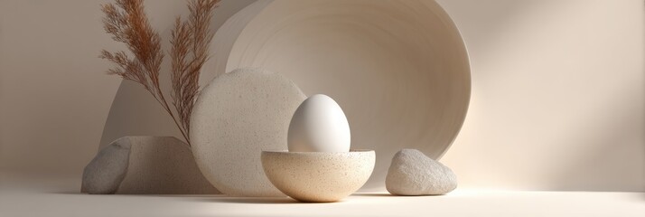 Elegant Ceramic Dish With a Single Egg and Neutral Decor in a Minimalist Setting for Branding Ideas Generative AI