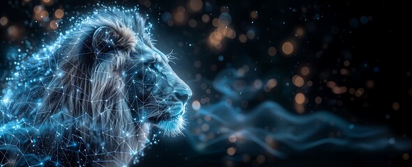 A stylized digital lion made of glowing blue network lines stands out against a dark background