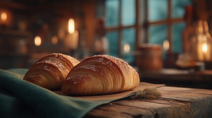 Golden Croissants: Capturing the essence of warmth, two freshly baked croissants rest on a rustic table, bathed in soft, inviting light. A visual delight that tantalizes the senses.