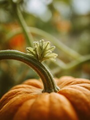 Close-up View of a Pumpkin Stem With a Blurred Background Showcasing Autumn Colors and Textures in Nature Generative AI