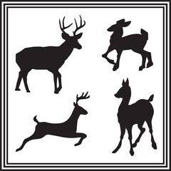 Deer silhouettes vector bundle – black wildlife animal shapes of deer walking, jumping, and standing – minimalist forest animal collection for nature and outdoor designs