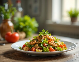 a close up view of a plate of salad containing shrimp and vegetables, resting on a wooden surface with an assortment of fresh ingredient