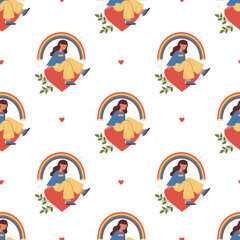 Seamless Pattern Happy LGBT Women Lesbian on red Heart Under Rainbow. Pride Month