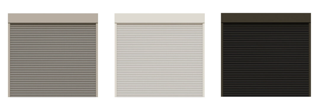 Set of roller shutter 3d illustration on a isolated background.  Closed entrance with roller blind. Black, white and silver roller shutter.