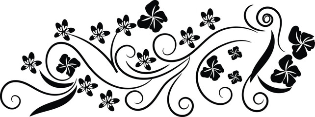 Elegant Black Floral Design Element with Swirls and Flowers