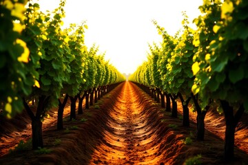 Naklejka premium Wide shot of grapevines stretching toward horizon with wet soil lines.