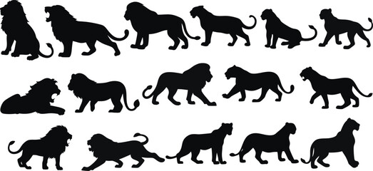 Best Lion Silhouette Vector, PNG - Roaring Lion Logo, Clipart, Black Outline, Mascot, Tattoo Design - Wildlife, Strength Symbol, Transparent Background, lion silhouette set.