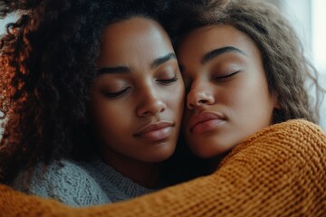 Obraz premium Worried mom comforting depressed crying teen daughter, mother supporting sad teenage girl having psychological puberty problem concept