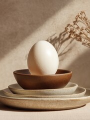 Ceramic Dish Arrangement Featuring a Single Egg in Neutral Tones With Soft Lighting and Delicate Floral Accents for a Minimalist Aesthetic Generative AI
