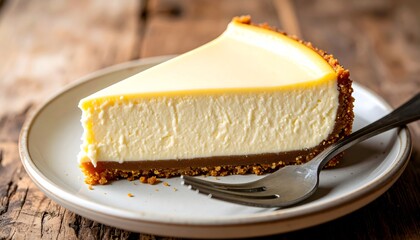 Half-eaten slice of cheesecake on a plate with a fork, bite marks visible, placed on rustic wooden table, natural lighting