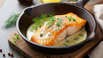 Cooked salmon fillet with cream sauce in a frying pan. Seafood meal with herbs on wooden board. Healthy food. Culinary arts. Tasty lunch at restaurant. Diet food. Salmon with spices