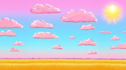 Obraz premium Cartoon landscape with swirling pink clouds, a golden field of wheat and a lavender horizon at sunset