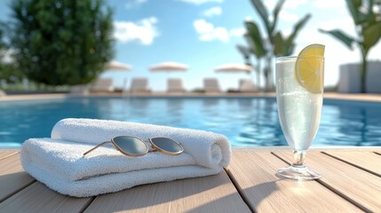 Obraz premium Summer Poolside Relaxation: Towel, Sunglasses, and Refreshing Drink