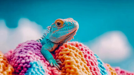 Fototapeta premium Lizard Portrait, Reptile Charm: A whimsical lizard enjoys a knitted perch against a soft sky for design, card, poster.
