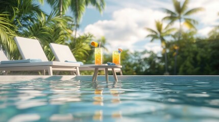 Fototapeta premium Tropical Poolside Relaxation: Two Cocktails by the Pool on Sunny Day