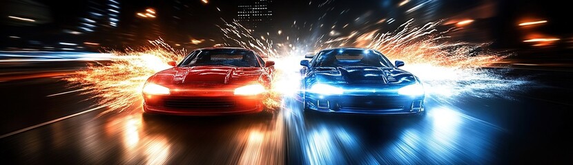 Naklejka premium Red and blue sports cars racing at night with light trails on a road.