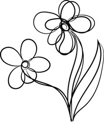 Simple Line Drawing of Two Abstract Flowers with Stems and Leaves