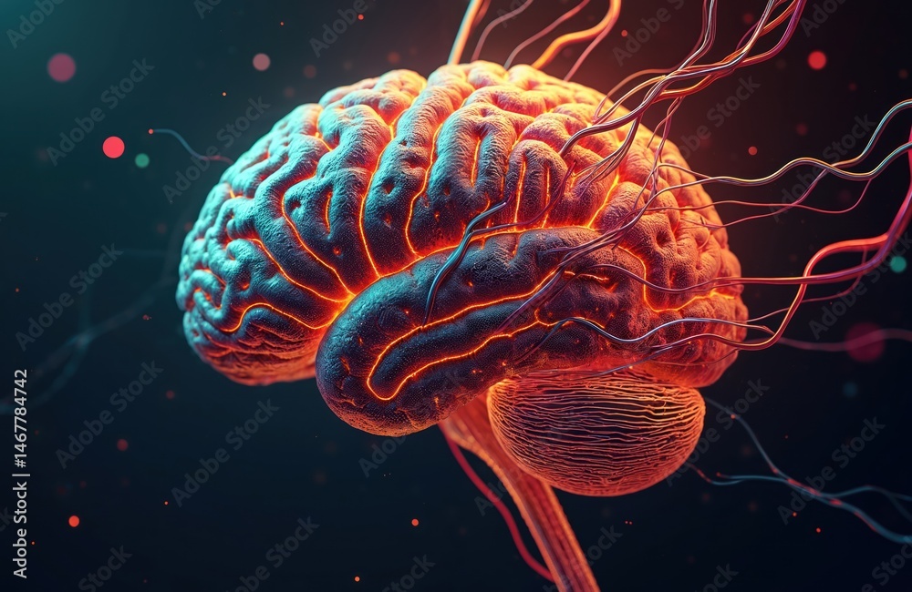 Poster Abstract illustration shows human brain with colorful wires. Futuristic tech concept neural network. Artificial intelligence innovation. Digital illustration for tech, science, creative projects.