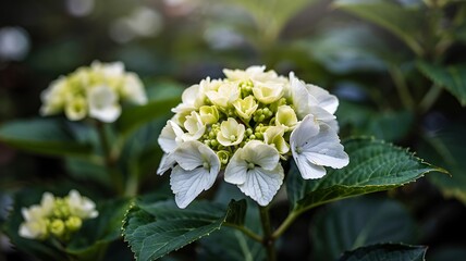 Close Up Of Elegant White Hydrangea Flower Blooming With Green Leaves In Garden Floral Beauty Delicate Petals Fresh Blossom Natural Environment