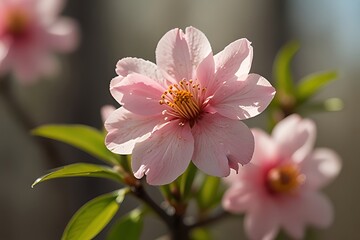 Naklejka premium Pink spring blossoms of cherry and pink-white magnolia flowers bloom on tree branches, a beautiful macro view of nature's season