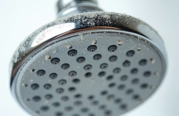 Close-up silver shower head covered in limescale deposits against white background. Calcium buildup, mineral scale, incrustation causes problems. Damaged equipment requires cleaning or repair.