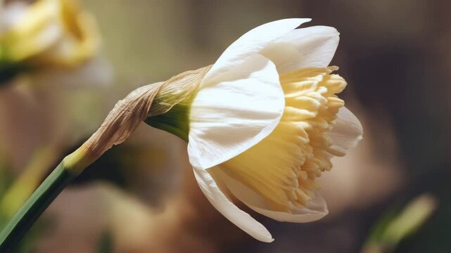 Time-lapse video of delicate daffodil bud, ivory and yellow, representing anticipation and renewal, against a blurred background.