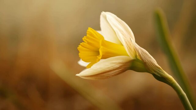 Time-lapse video of delicate daffodil bud, soft light, representing hope and new beginnings, against a blurred background.