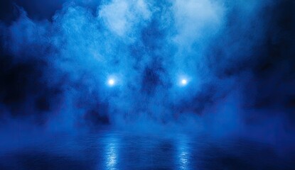 Fototapeta premium A dramatic, smoky, blue stage. Two bright spotlights illuminate the scene, reflecting on a smooth dark floor