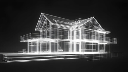 White Wireframe Model of a Modern House on Black Background