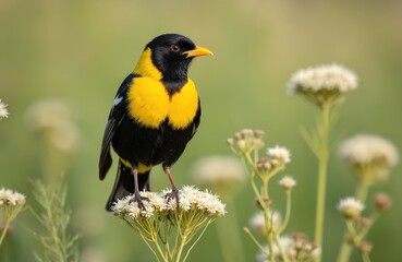 Fototapeta premium Bright male bobolink bird perched on white flower weed. Black, yellow feathers, orange beak, against blurred green background. Wild avian bird in natural habitat. Wildlife photography.
