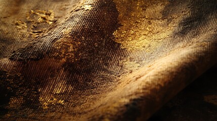 Detailed shot of luxurious golden textured fabric with visible weave pattern