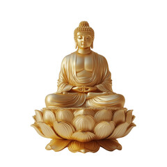 Golden buddha statue sitting on lotus flower isolated on transparent background