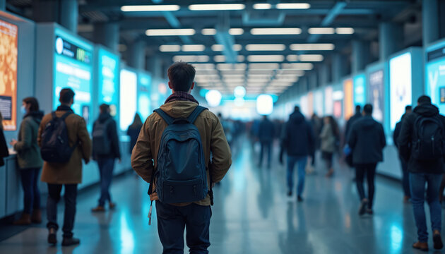 Young man with backpack explores career opportunities at tech job fair. Attendees browse job listings, resumes. Artificial intelligence, AI, machine learning specialists seek tech jobs, career in IT.