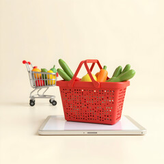 Red basket shopping cart symbolizing online supermarket concept in a 3D vibrant background\ illustration  
